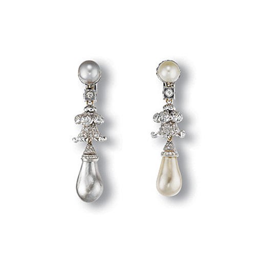 A PAIR OF PEARL AND DIAMOND EAR PENDANTS