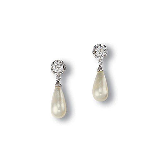 A PAIR OF PEARL AND DIAMOND EAR PENDANTS