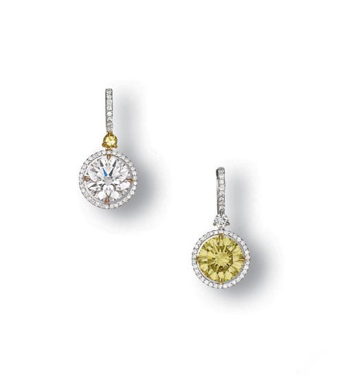 A PAIR OF COLOURED DIAMOND AND DIAMOND EARRINGS