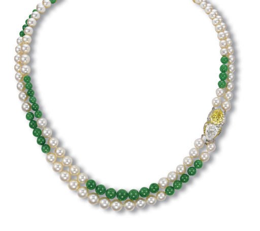 A TWO-STRAND CULTURED PEARL, JADEITE BEAD, COLOURED DIAMOND AND DIAMOND NECKLACE