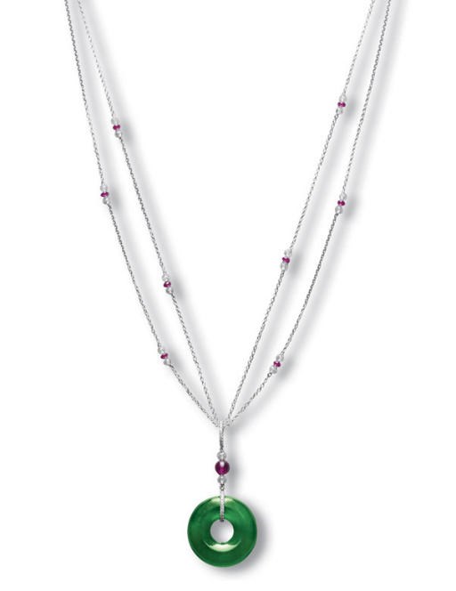 A JADEITE, RUBY AND DIAMOND BEAD NECKLACE
