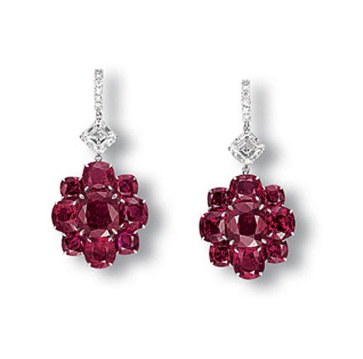 A PAIR OF SUPERB RUBY AND DIAMOND EAR PENDANTS