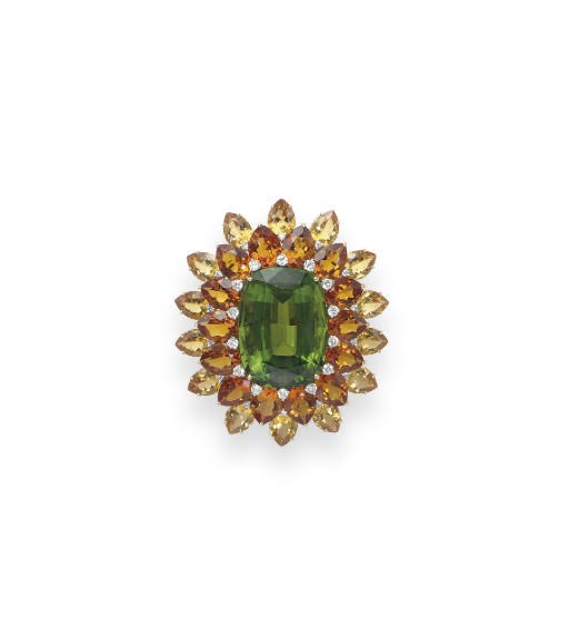 A PERIDOT, CITRINE AND DIAMOND FLOWER BROOCH