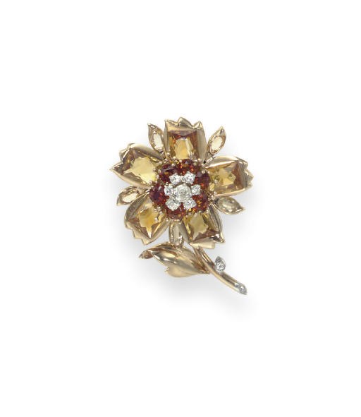 A RETRO CITRINE AND DIAMOND FLOWER BROOCH, BY CARTIER