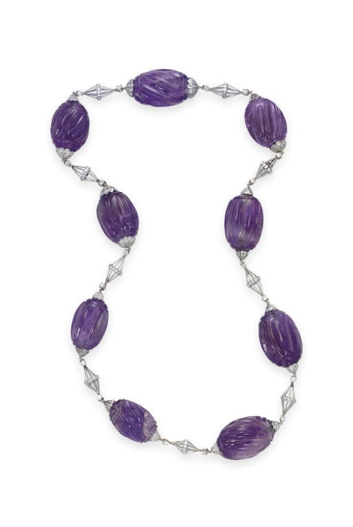 AN AMETHYST BEAD AND DIAMOND NECKLACE
