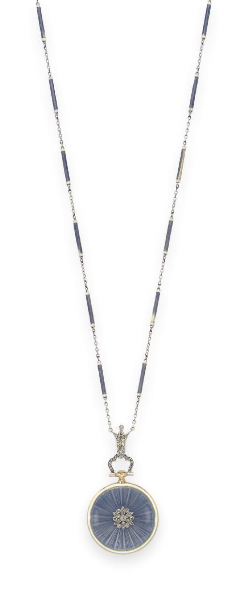 A BELLE EPOQUE ENAMEL AND DIAMOND PENDANT-WATCH NECKLACE, BY TIFFANY & CO.