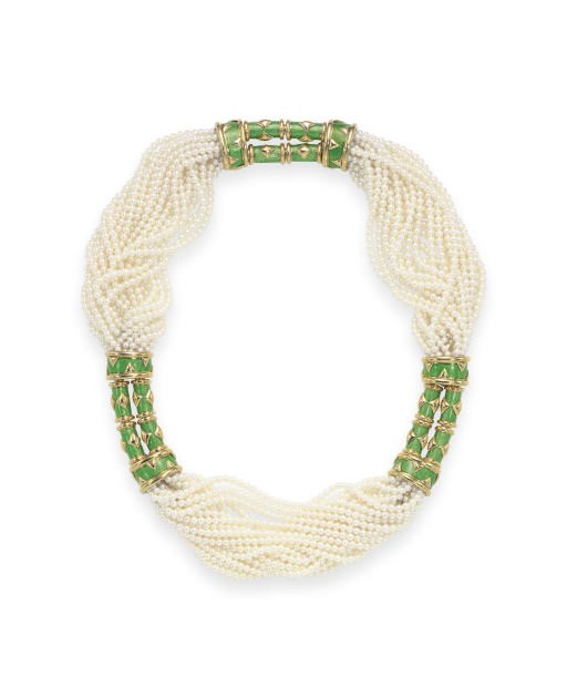 A MULTI-STRAND CULTURED PEARL, GREEN ENAMEL AND GOLD NECKLACE, BY JEAN SCHLUMBERGER, TIFFANY & CO.