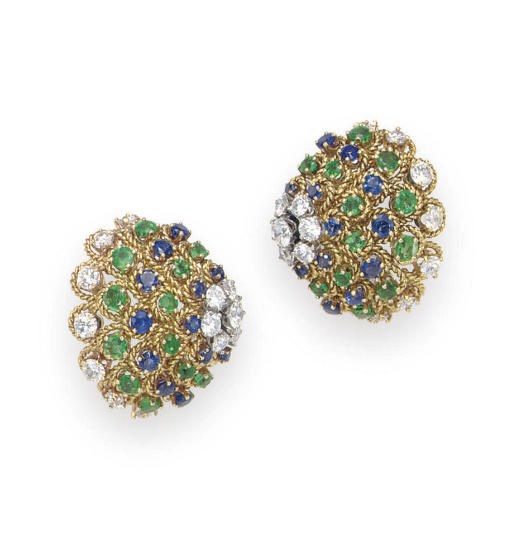 A PAIR OF DIAMOND, SAPPHIRE AND EMERALD EAR CLIPS, BY VAN CLEEF & ARPELS