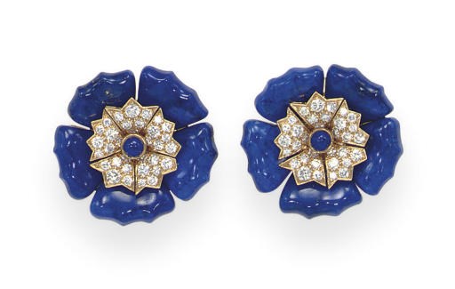 A PAIR OF LAPIS LAZULI AND DIAMOND EAR CLIPS, BY VAN CLEEF & ARPELS