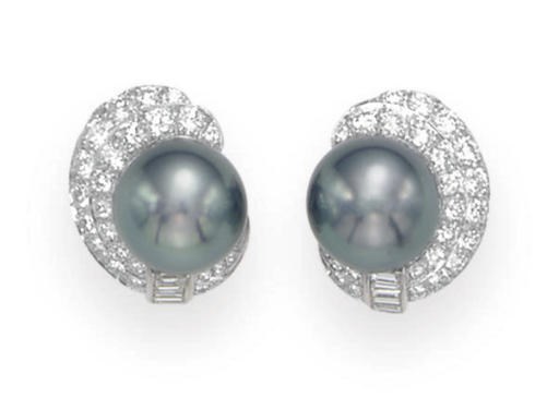 A PAIR OF BLACK CULTURED PEARL AND DIAMOND EAR CLIPS