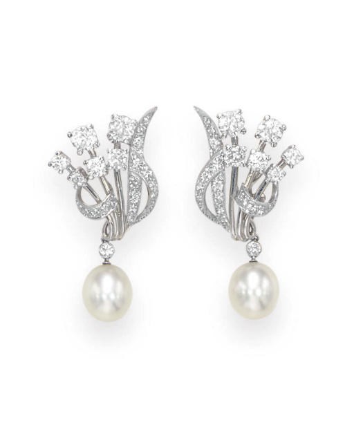 A PAIR OF PEARL AND DIAMOND EAR PENDANTS
