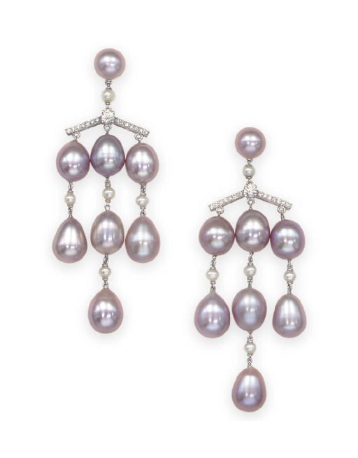 A PAIR OF CULTURED PEARL AND DIAMOND EAR PENDANTS