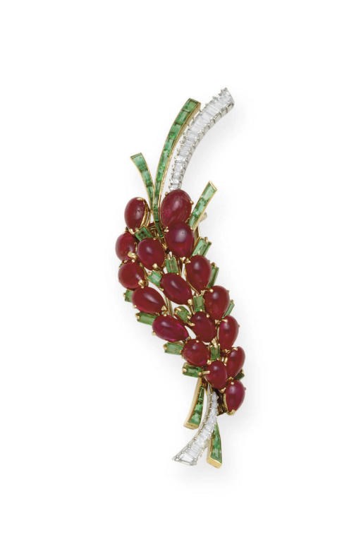 A RUBY, EMERALD AND DIAMOND FLOWER BROOCH, BY MAUBOUSSIN