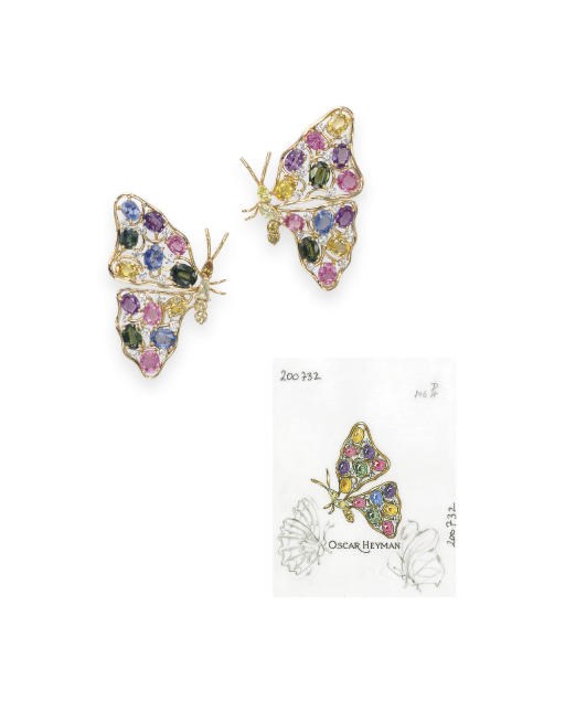 A PAIR OF MULTI-COLORED SAPPHIRE AND DIAMOND BUTTERFLY BROOCHES, BY OSCAR HEYMAN & BROTHERS