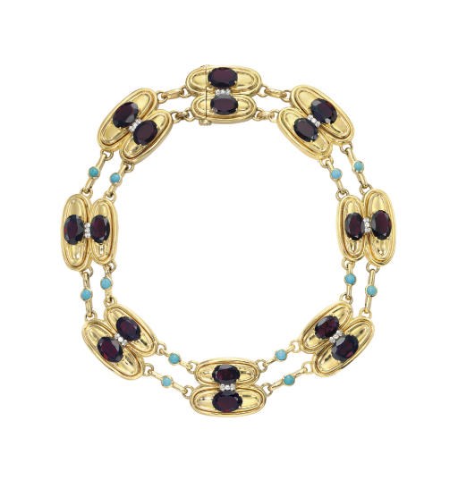 A GARNET, DIAMOND AND TURQUOISE NECKLACE, BY DAVID WEBB