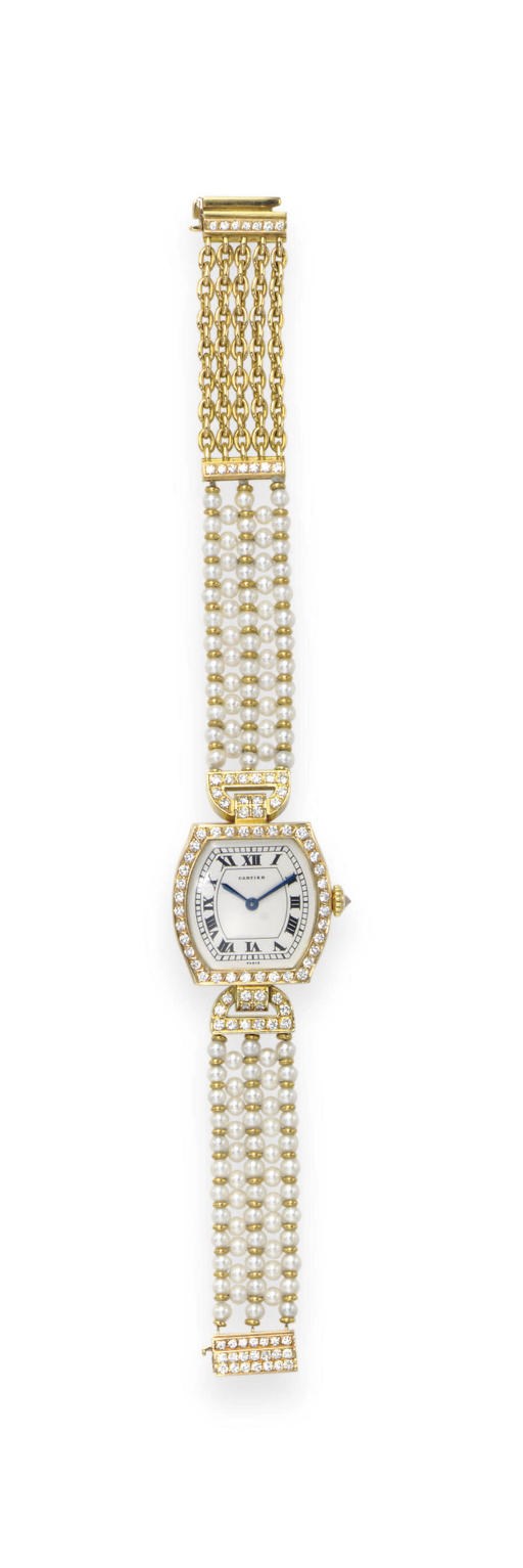 A PEARL AND DIAMOND WRISTWATCH, BY CARTIER