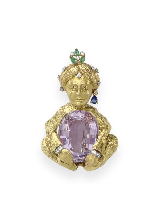 A KUNZITE AND MULTI-GEM BROOCH, BY DAVID WEBB