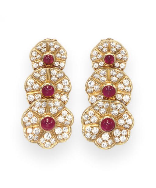 A PAIR OF DIAMOND AND RUBY EAR PENDANTS, BY VAN CLEEF & ARPELS