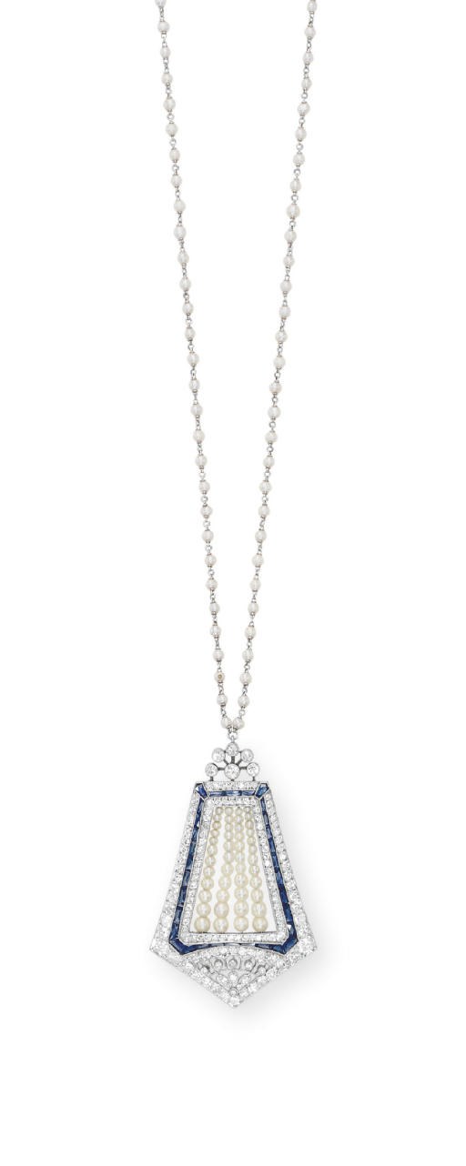 A BELLE EPOQUE SEED PEARL, DIAMOND AND SAPPHIRE PENDANT NECKLACE