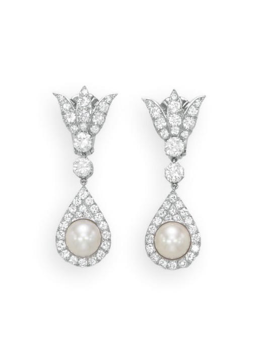 A PAIR OF CULTURED PEARL AND DIAMOND EAR PENDANTS