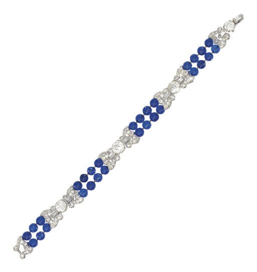 AN ART DECO DIAMOND AND BLUE-GLASS BEAD BRACELET