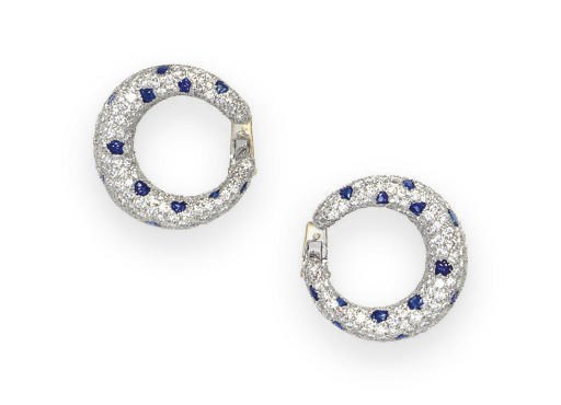 A PAIR OF DIAMOND AND SAPPHIRE EAR CLIPS, BY CARTIER