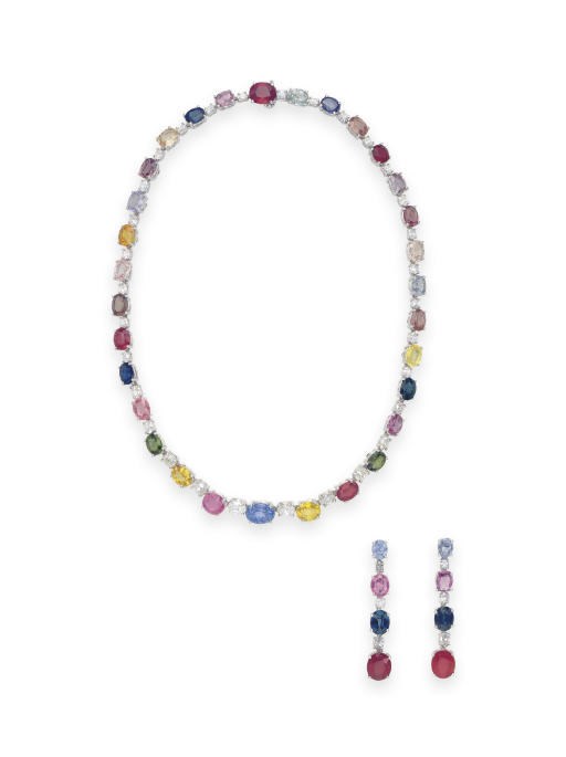 A SUITE OF MULTI-COLORED SAPPHIRE AND DIAMOND JEWELRY