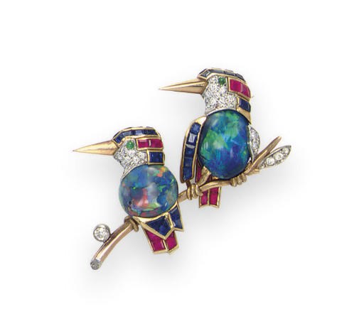 A MULTI-GEM 'LOVEBIRD' BROOCH, BY CARTIER