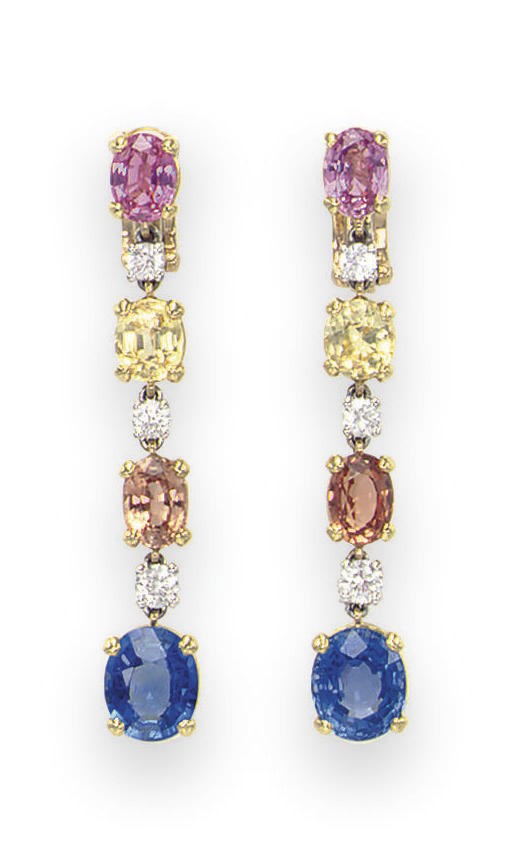 A PAIR OF MULTI-COLORED SAPPHIRE AND DIAMOND EAR PENDANTS, BY BULGARI
