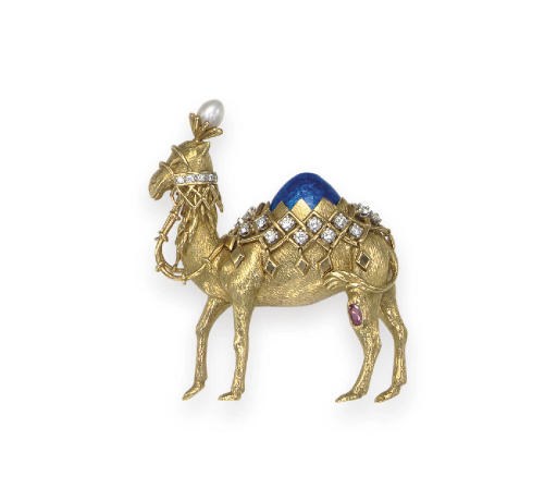 A GOLD, MULTI-GEM, AND ENAMEL "CAMEL" BROOCH, BY JEAN SCHLUMBERGER, TIFFANY & CO.