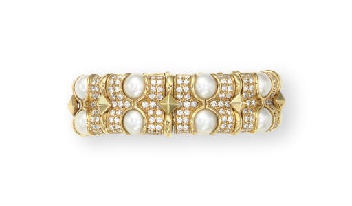 A CULTURED PEARL, DIAMOND AND GOLD "DOPPIO BOULES" CUFF BRACELET, BY BULGARI