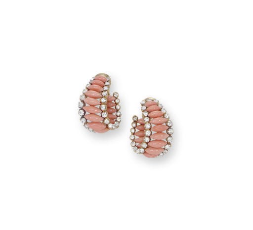 **A PAIR OF CORAL AND DIAMOND EAR CLIPS, BY GERARD