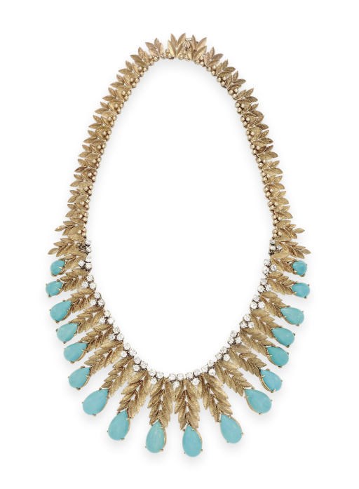 A TURQUOISE, DIAMOND AND GOLD NECKLACE