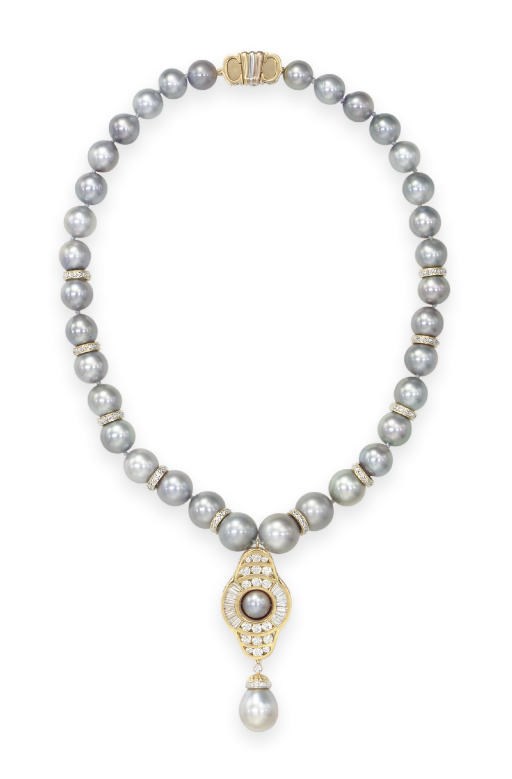 A CULTURED PEARL AND DIAMOND NECKLACE, BY CARTIER