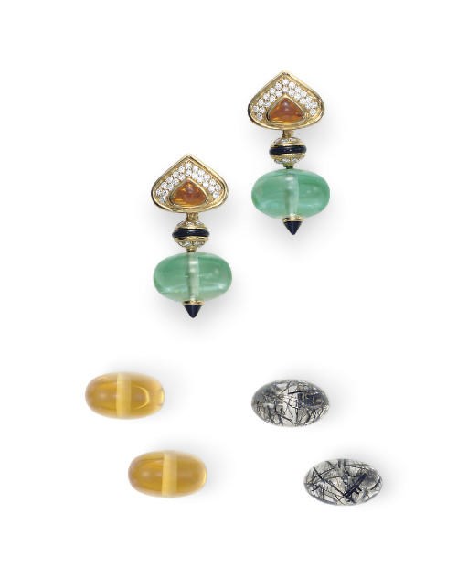 A PAIR OF MULTI-GEM, DIAMOND AND ONYX "PNEUS" EAR PENDANTS, BY MARINA B.