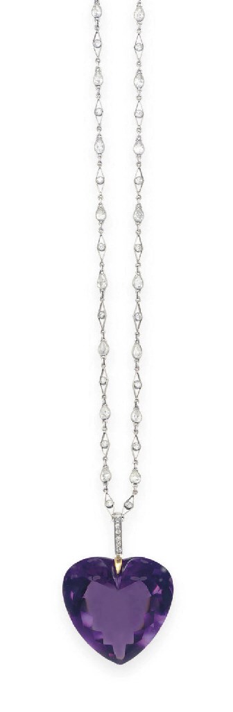 A BELLE EPOQUE AMETHYST AND DIAMOND PENDANT NECKLACE