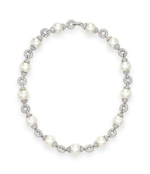 A CULTURED PEARL AND DIAMOND NECKLACE, BY TIFFANY & CO.