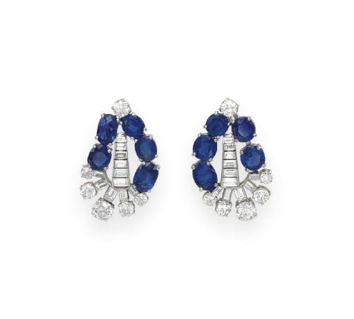 A PAIR OF SAPPHIRE AND DIAMOND EAR CLIPS