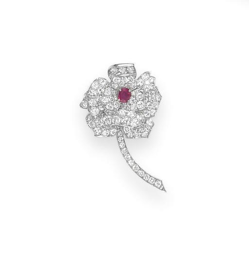 A DIAMOND AND RUBY BROOCH, BY VAN CLEEF & ARPELS
