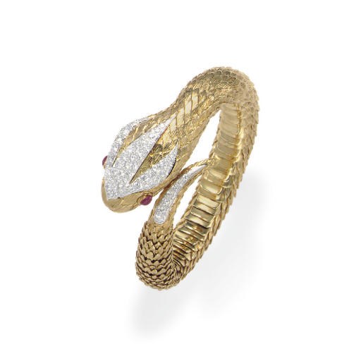 A DIAMOND, RUBY AND GOLD SNAKE BRACELET, BY DAVID WEBB