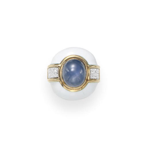 A STAR SAPPHIRE, ENAMEL AND DIAMOND RING, BY DAVID WEBB