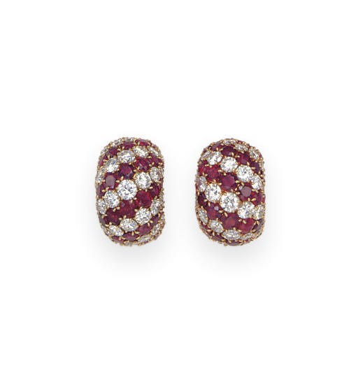 A PAIR OF DIAMOND AND RUBY EAR CLIPS, BY VAN CLEEF & ARPELS