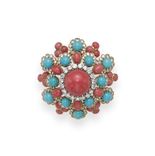 **A CORAL, TURQUOISE AND DIAMOND BROOCH, BY CARTIER