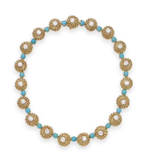 A DIAMOND, TURQUOISE AND GOLD NECKLACE