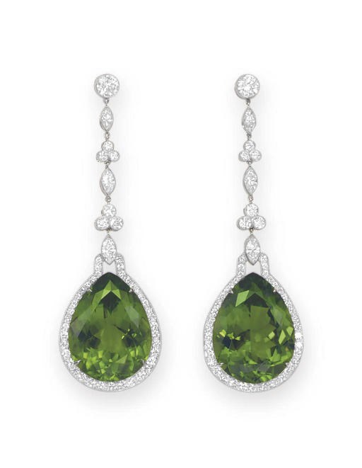 A PAIR OF PERIDOT AND DIAMOND EAR PENDANTS