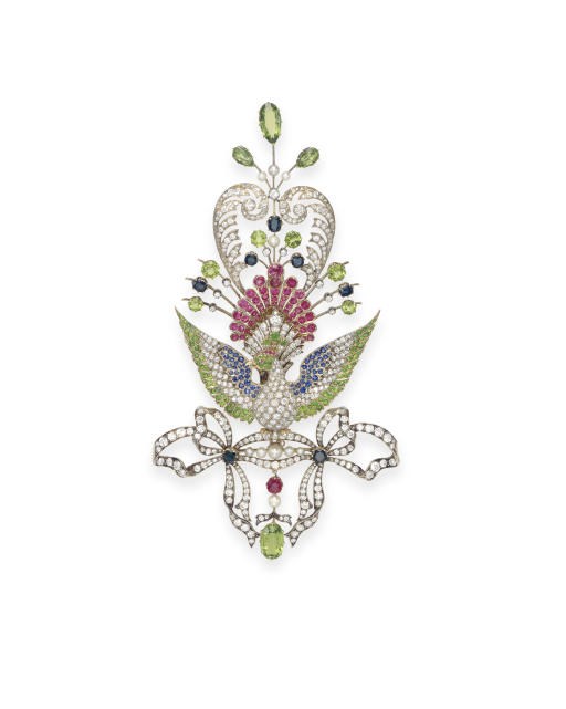 AN ANTIQUE DIAMOND AND MULTI-GEM PEACOCK BROOCH