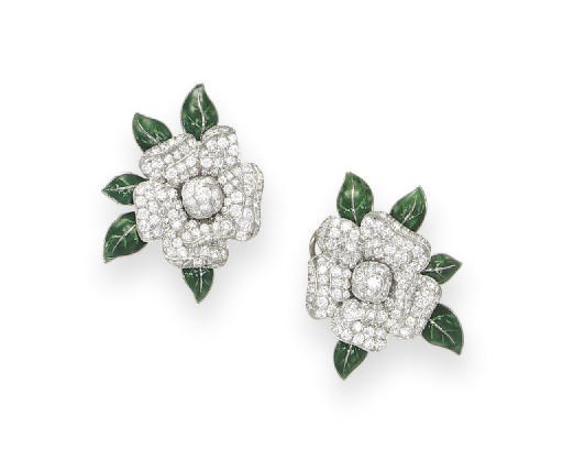 A PAIR OF DIAMOND AND ENAMEL 'GARDENIA' EAR CLIPS, BY OSCAR HEYMAN & BROTHERS