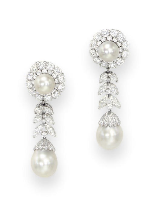 A PAIR OF CULTURED PEARL AND DIAMOND EAR PENDANTS, BY VAN CLEEF & ARPELS