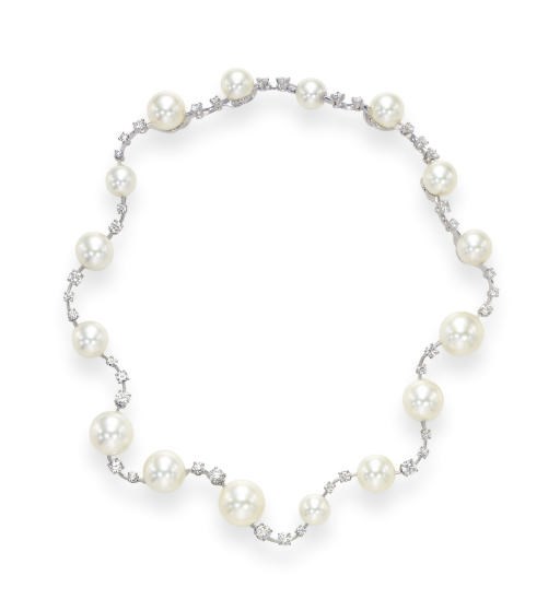 A CULTURED PEARL AND DIAMOND NECKLACE, BY TIFFANY & CO.