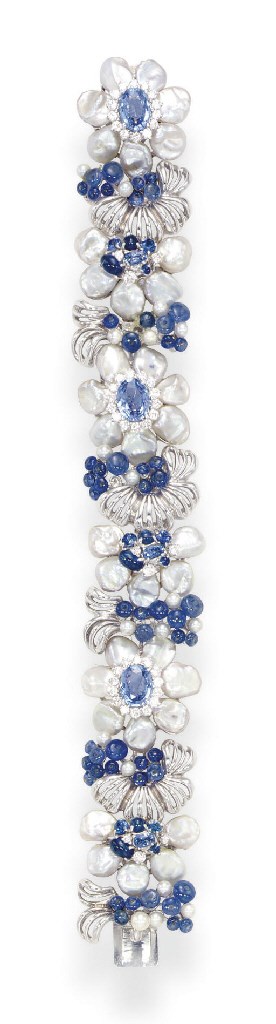 A SAPPHIRE, DIAMOND AND FRESHWATER PEARL BRACELET, BY SEAMAN SCHEPPS